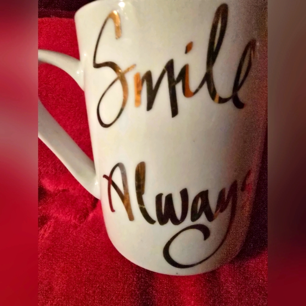 White Ceramic Mug with Black and Gold Text